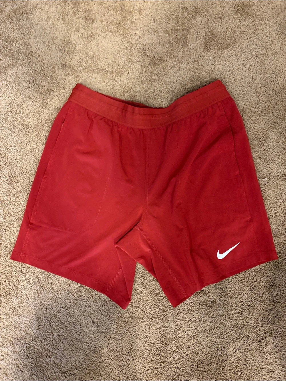 Nike Men’s Red Athletic Training Shorts with White Swoosh